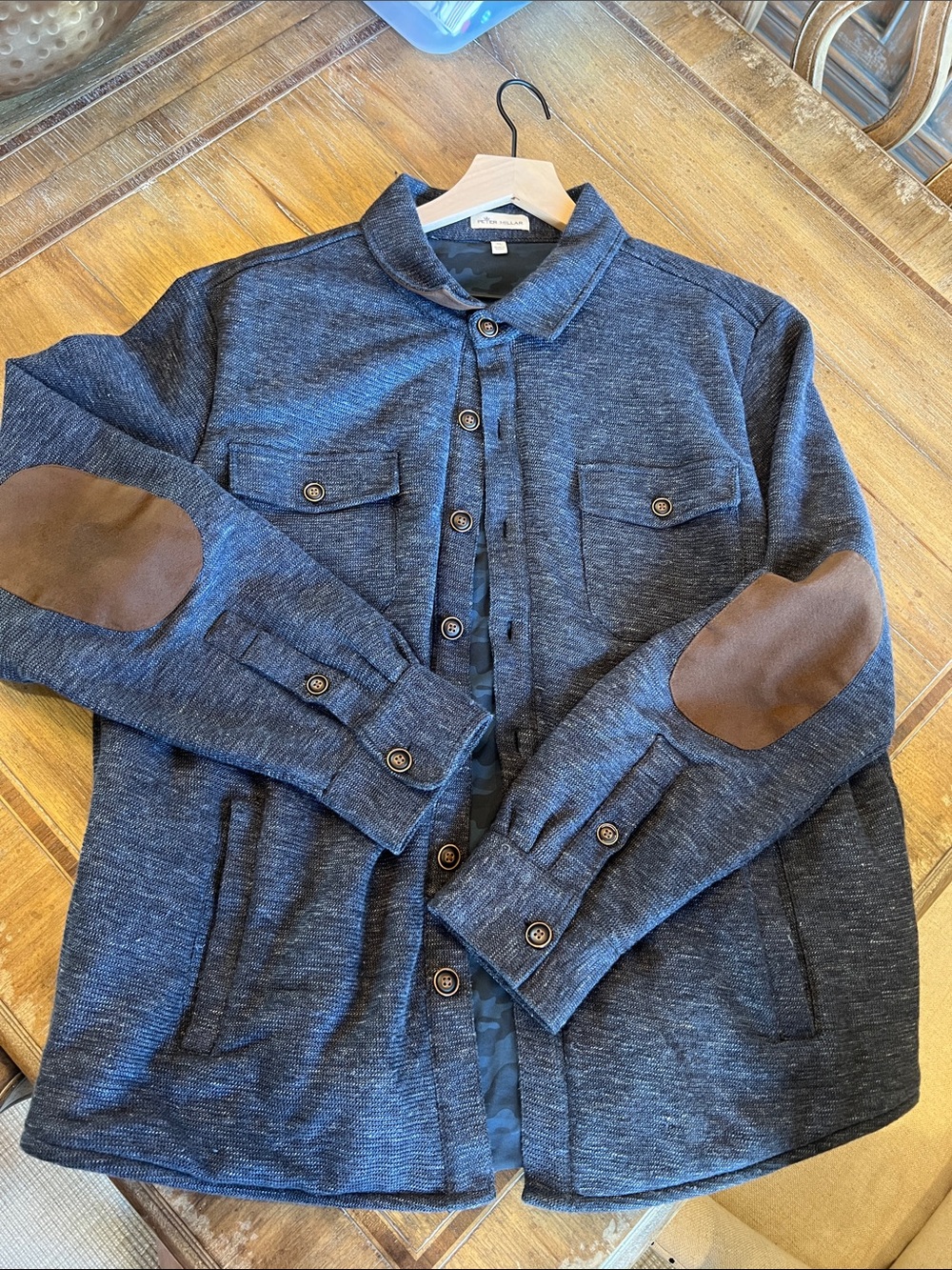 Peter Millar Navy Blue Button-Up Jacket with Brown Elbow Patches
